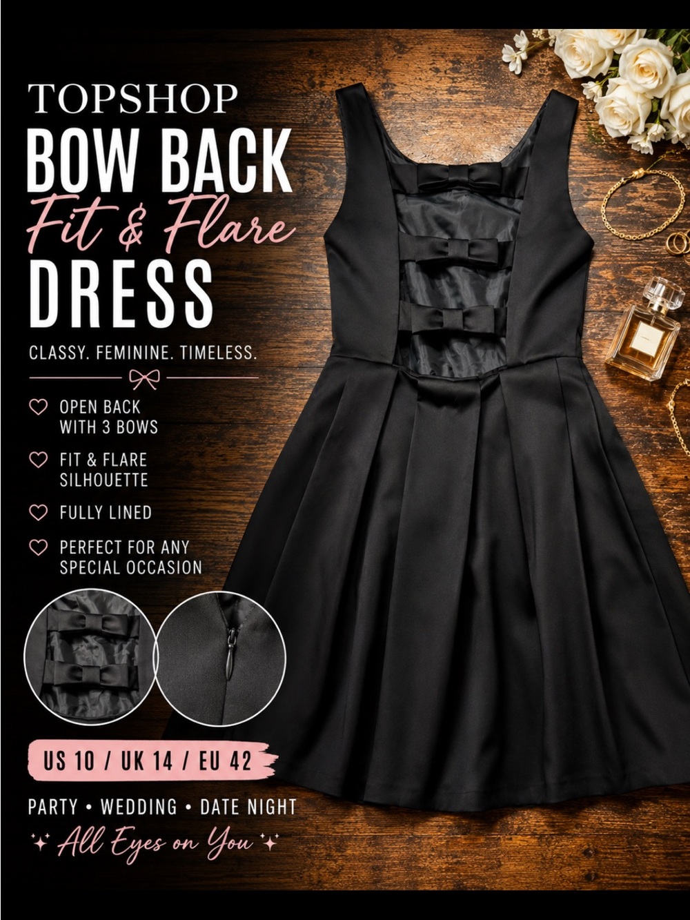 Topshop Black Fit & Flare Dress with Bow Back Detail